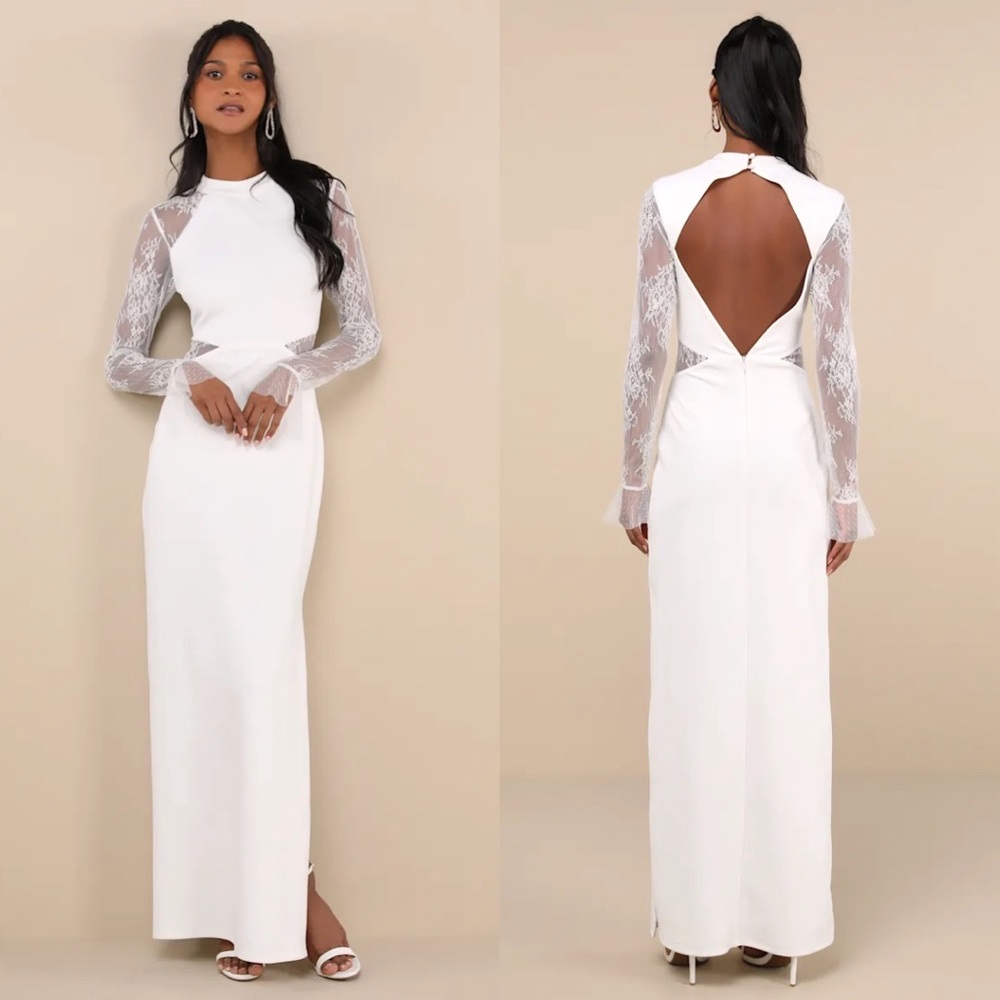NWT Lulus White Lace Bragging Rights Long Sleeve Column Maxi Dress Womens XL